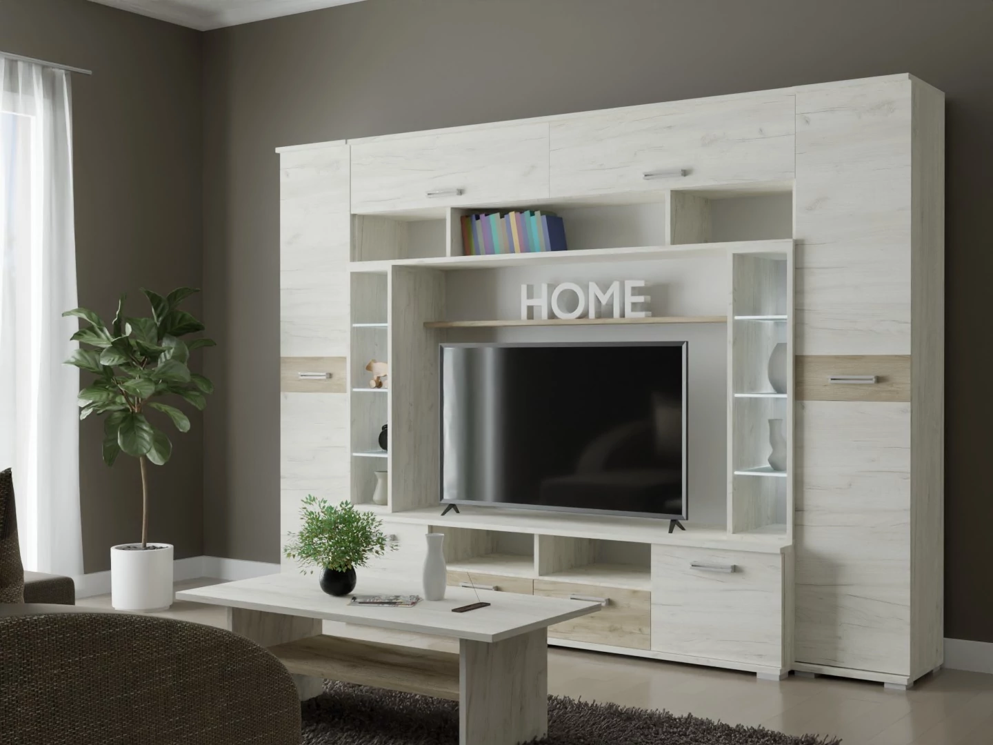 Arizóna nappali szekrénysor fehér kraft-szürke kraft 280 cm - Led világítással
